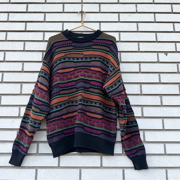 Vintage Reunion Menswear Grandpa 3D Textured Sweater Earthtones Cotton Made USA - Picture 1 of 10